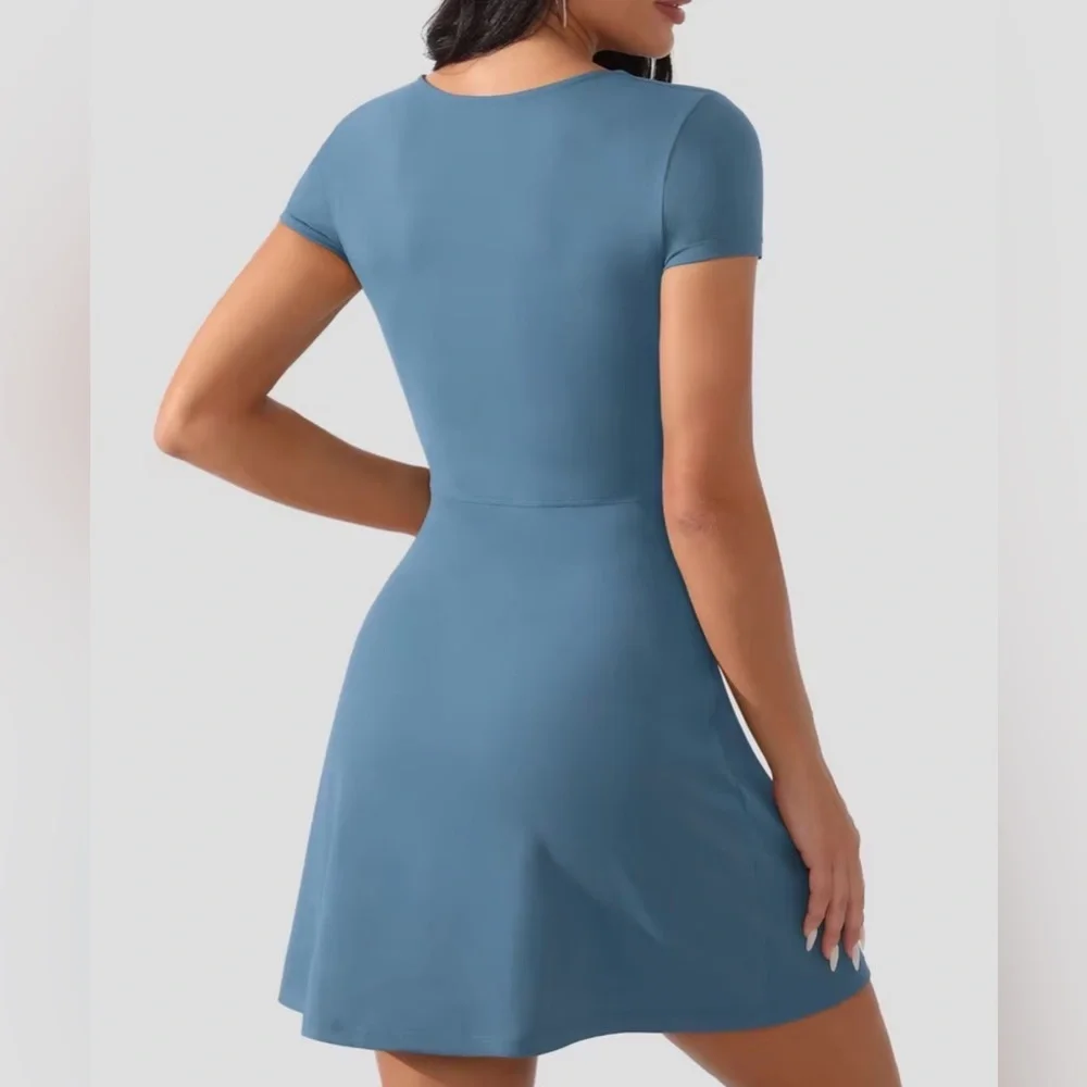 Medium Peacock Blue Women's Tennis Dress w/ pockets/ fitted/ skorts/ athletic - Picture 4 of 15